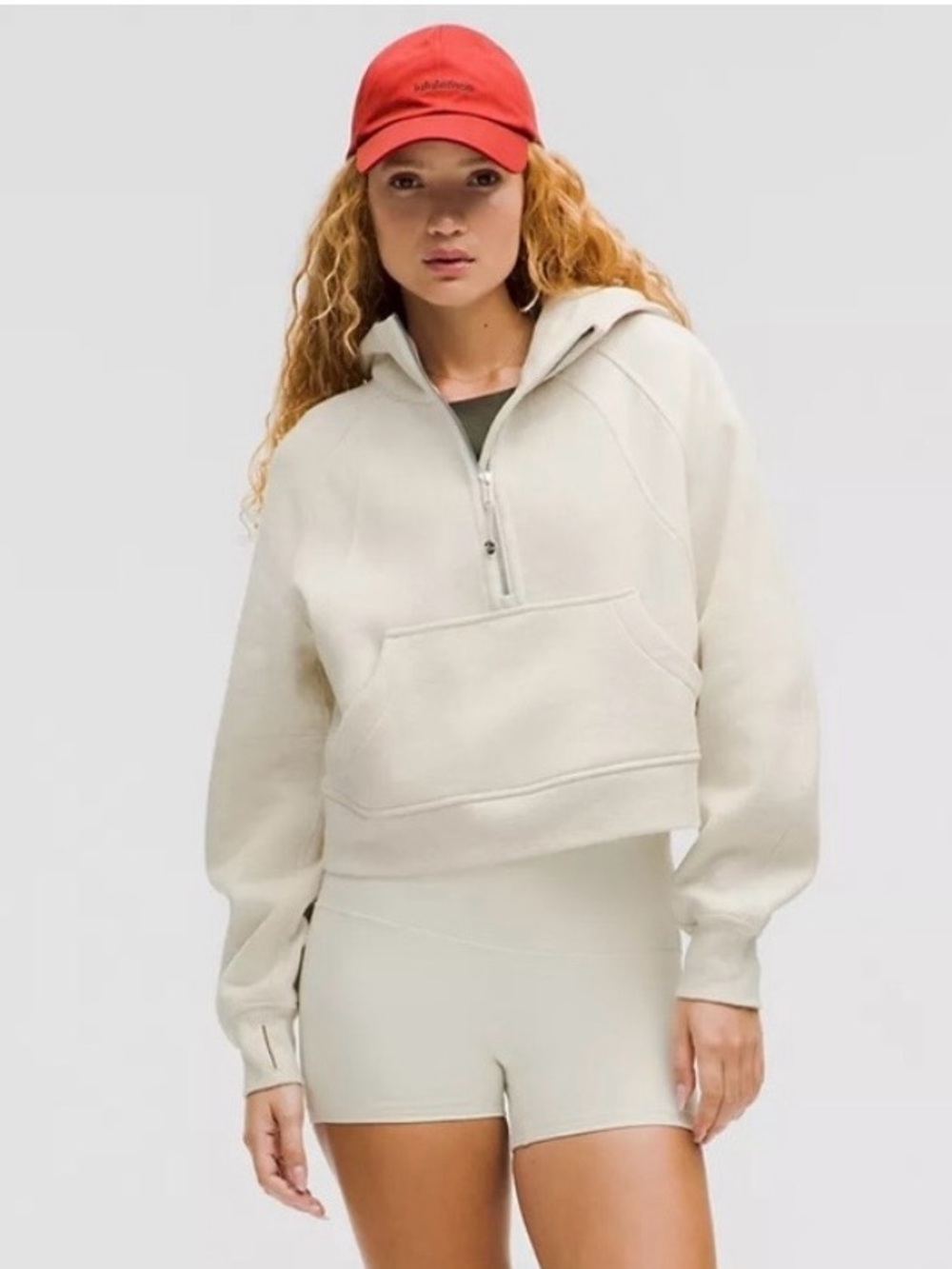 LULULEMON SCUBA OVERSIZED HALF-ZIP  CROPPED BOXY HOODIE HEATHERED BONEGOLD SzM/L
